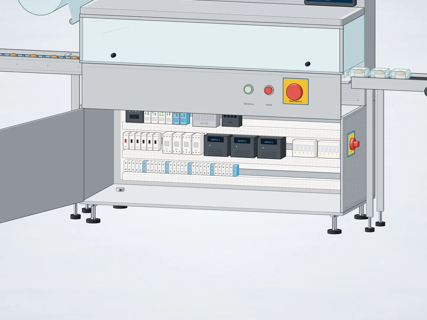 Ilustración del armario eléctrico abierto bajo una envasadora: PLC con tarjetas de E/S, fuente, variadores, contactores, magnetotérmicos y bornas